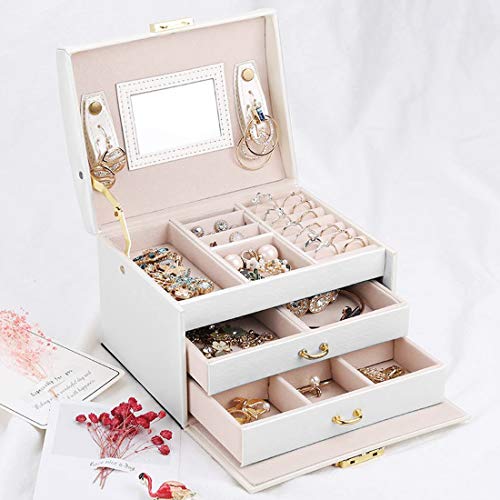 Caja Joyero Caja de Joyas, Cofres para joyas 3 Niveles Jewelry Organizer para Mujer , Organizador de Joyas para Anillos, Aretes, Pendientes, Pulseras y Collares(Blanco)