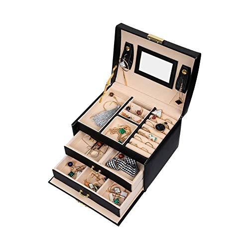 Cajas De Joyas, Neceseres con 3 Plantas, con Cuero De La PU, Caja De Joyería con Cerradura con Espejo, para Anillos, Pendientes, Botones, Pulsera Brazalete Y Collar,Blanco