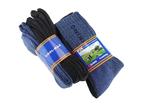 Calcetín COOLMAX de TREKKING (3 pares) para deportes de invierno o situaciones de frío y humedad. Ofrecen una perfecta temperatura y mantienen los pies frescos y secos (Negro/Azul/Marron 43-46)