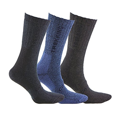 Calcetín COOLMAX de TREKKING (3 pares) para deportes de invierno o situaciones de frío y humedad. Ofrecen una perfecta temperatura y mantienen los pies frescos y secos (Negro/Azul/Marron 43-46)