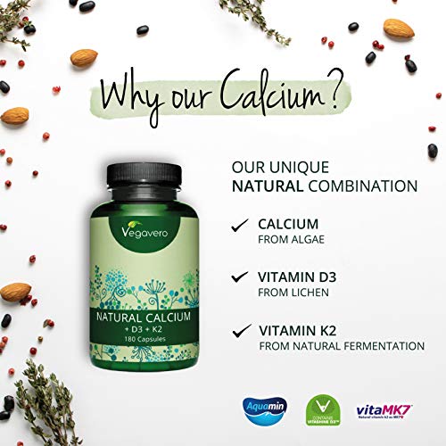 Calcio Natural Vegavero® | Aquamin® | EL ÚNICO SIN ADITIVOS | Con Vitamina D3 + Vitamina K2 MK7 | Origen Europeo | Huesos y Articulaciones* | 180 Cápsulas | Procedente de Algas | Vegano