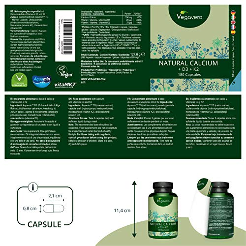 Calcio Natural Vegavero® | Aquamin® | EL ÚNICO SIN ADITIVOS | Con Vitamina D3 + Vitamina K2 MK7 | Origen Europeo | Huesos y Articulaciones* | 180 Cápsulas | Procedente de Algas | Vegano