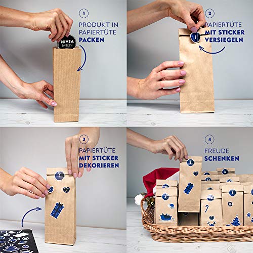 Calendario de Adviento para hombres de Nivea 2019, edición limitada, regalo personalizado para rellenar, incluye 24 productos, 24 bolsas de papel gratis y 2 pegatinas