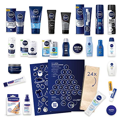Calendario de Adviento para hombres de Nivea 2019, edición limitada, regalo personalizado para rellenar, incluye 24 productos, 24 bolsas de papel gratis y 2 pegatinas