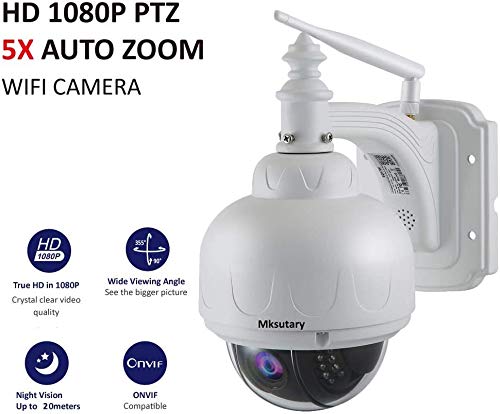 Cámara IP Exterior, Camara IP WiFi 1080p, Cámara PTZ Vigilancia Exterior WiFi Motorizada P/T 5 X Zoom Visión Nocturna 30M Detección de Movimiento Monitorización Remota vía PC/Smartphone/Tableta