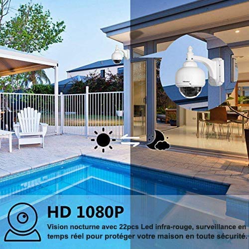 Cámara IP Exterior, Camara IP WiFi 1080p, Cámara PTZ Vigilancia Exterior WiFi Motorizada P/T 5 X Zoom Visión Nocturna 30M Detección de Movimiento Monitorización Remota vía PC/Smartphone/Tableta