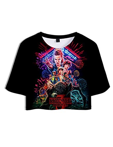 Camiseta Stranger Things Chica, Camiseta Stranger Things 3 Cortas Mujer T-Shirt Manga Corta Niña Impresión 3D T Shirt Regalo Camisa Verano Camisetas y Tops (F,XS)