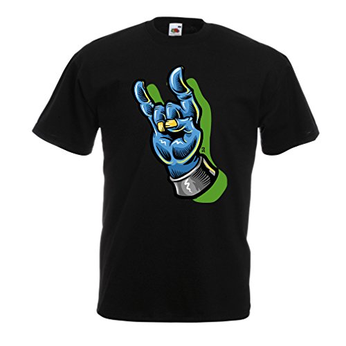 Camisetas Hombre Zombie Mano A Rock and Roll símbolo, Signo de los Cuernos, Signo de Metal (Large Negro Multicolor)