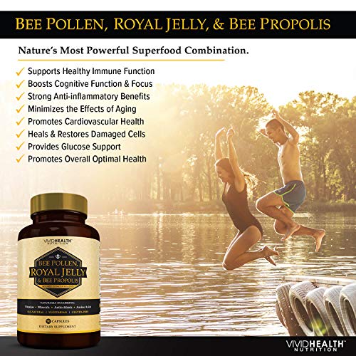Cápsulas de jalea real de alta potencia con polen de abeja y propóleo de abeja | Superalimento concentrado y puro con soporte antioxidante | Beneficios pérdida de peso, energía y piel - 90 cáps