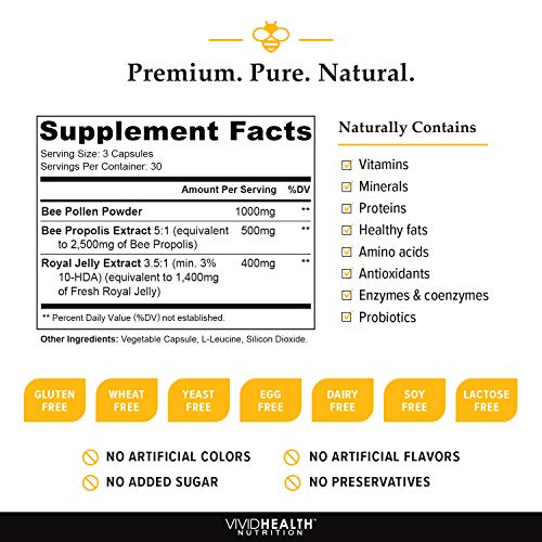 Cápsulas de jalea real de alta potencia con polen de abeja y propóleo de abeja | Superalimento concentrado y puro con soporte antioxidante | Beneficios pérdida de peso, energía y piel - 90 cáps