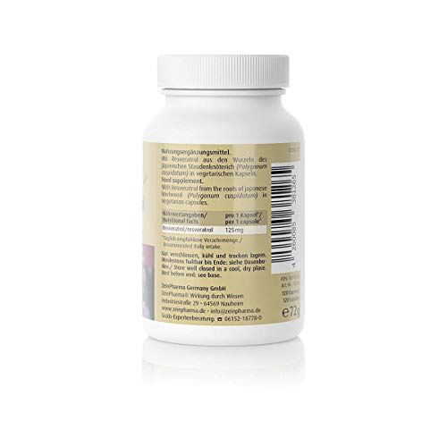 Cápsulas de Resveratrol 125mg de ZeinPharma • 120 cápsulas (4 meses de suministro) • sin gluten, vegano, kosher y halal • Hecho en Alemania