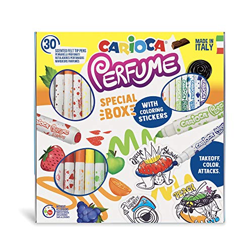 Carioca Perfume | 43082 - Caja Especial de rotuladores con Aromas y Pegatinas para Colorear. Colores Surtidos, 30 Unidades