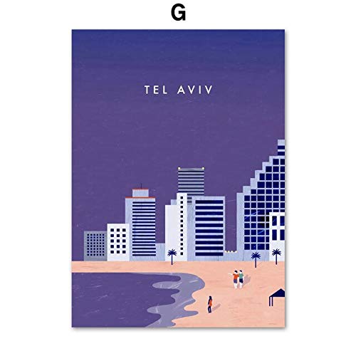 Cartel nórdico simple del viaje del mundo de la vendimia Israel Tel Aviv playa ciudad moderna edificio emblemático paisaje pared arte lienzo pintura sala de estar oficina decoración del hogar