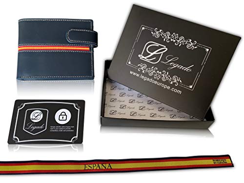Cartera Hombre Marino Piel tratada LEGADO con Bandera España Cartera Bandera España Regalo Pulsera Bandera España(Vertical Marino Vox II sin Broche)