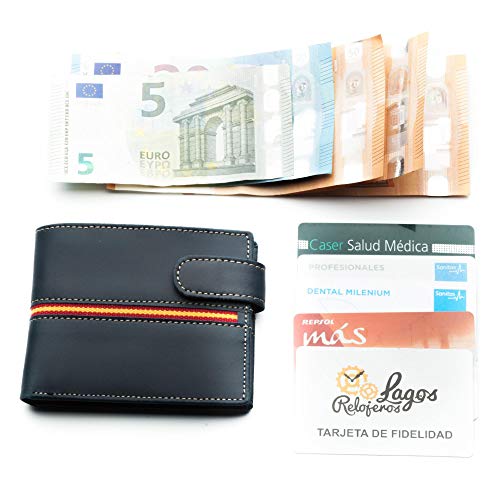 Cartera Hombre Marino Piel tratada LEGADO con Bandera España Cartera Bandera España Regalo Pulsera Bandera España(Vertical Marino Vox II sin Broche)