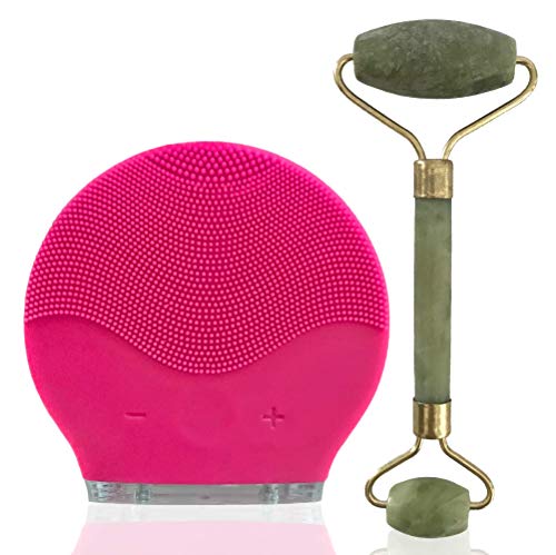 CASHWER Limpiador Facial Masajeador y Rodillo De Jade 100% Natural Cepillo de Limpieza Electrico Silicona Exfoliador Waterproof Cuidado de la piel Antienvejecimiento Recargable Para Regalo