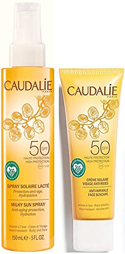 Caudalie Solaire - Set de crema antiarrugas para el rostro 50 SPF y Caudalie Spray Solaire Lacte 50 SPF