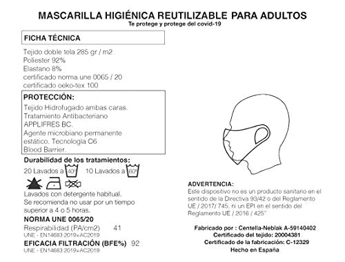 CENTELLA NEBLAK Mascarilla higiénica Reutilizable para adultos