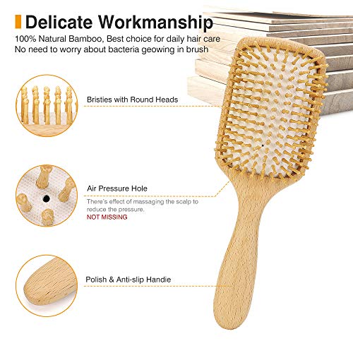 Cepillo de pelo de madera Neverland Cepillo de pelo anti-estático Desenredante de masaje Peine acolchado con dientes grandes Peine de plástico y limpiador de peine (cabeza cuadrada)