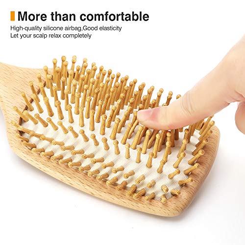 Cepillo de pelo de madera Neverland Cepillo de pelo anti-estático Desenredante de masaje Peine acolchado con dientes grandes Peine de plástico y limpiador de peine (cabeza cuadrada)