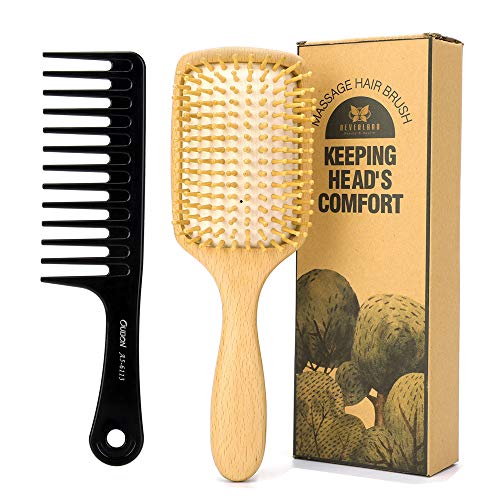 Cepillo de pelo de madera Neverland Cepillo de pelo anti-estático Desenredante de masaje Peine acolchado con dientes grandes Peine de plástico y limpiador de peine (cabeza cuadrada)
