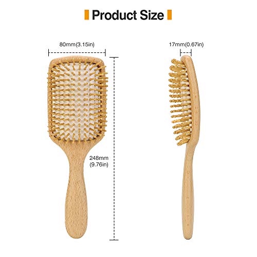 Cepillo de pelo de madera Neverland Cepillo de pelo anti-estático Desenredante de masaje Peine acolchado con dientes grandes Peine de plástico y limpiador de peine (cabeza cuadrada)
