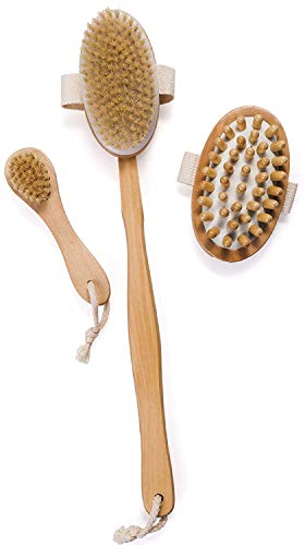 Cepillo Para Cuerpo Para Piel Seca de Cerdas Naturales De Jabalí Y Mango Largo Extraíble – Cepillo Corporal Para Espalda, Ducha, Cepillado Seco Y Húmedo Para exfoliación, Reduce la Celulitis, Y Masaje