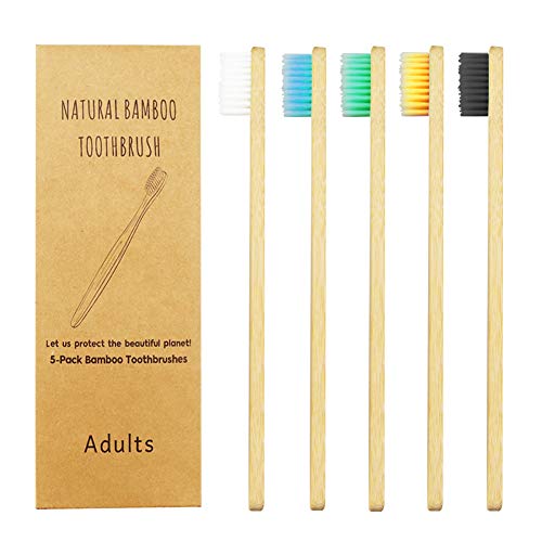 Cepillos de dientes de bambú orgánico Paquete de 5 - Cepillo de madera ecológico y libre de BPA biodegradable Reciclable Natural Medio Cerdas carbón suave para adultos, niños, hogar, viajes o regalos