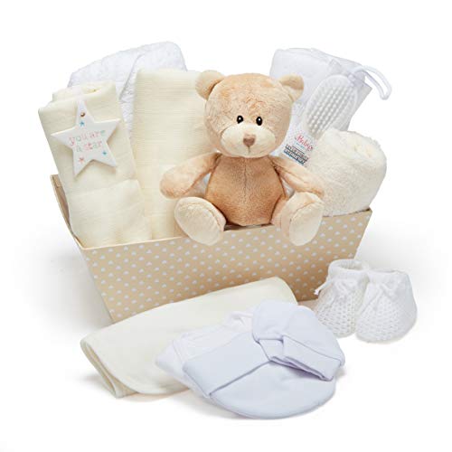 Cesta de bebé neutral, con envoltura de forro polar, toalla con capucha, ropa de bebé, 2 paños de muselina y lindo oso de peluche marrón