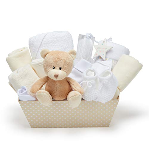 Cesta de bebé neutral, con envoltura de forro polar, toalla con capucha, ropa de bebé, 2 paños de muselina y lindo oso de peluche marrón