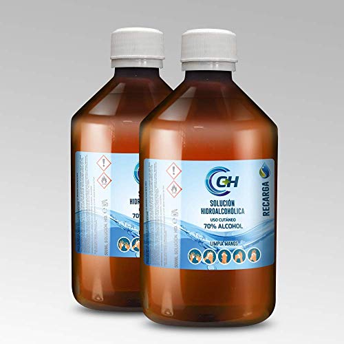 C+H Solución líquida hidroalcohólica uso cutáneo | 2 unidades de RECARGA de 500ml | Desinfección para manos y otras superficies | Parar recargar tus frascos más pequeños