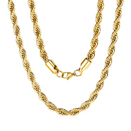 ChainsPro Cordón Tranzado de Collar 6mm 20 Inch Largo Acero Inoxidable Oro Amarillo Real Joyería Gruesa Fina para Masculino y Femenino