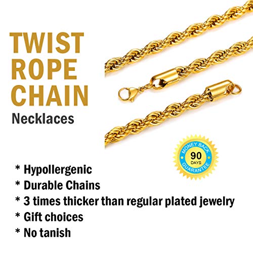 ChainsPro Cordón Tranzado de Collar 6mm 20 Inch Largo Acero Inoxidable Oro Amarillo Real Joyería Gruesa Fina para Masculino y Femenino