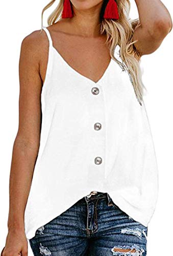 Chaos World Camisetas sin Mangas para Mujer Cuello en V botón Tirantes Camisa de Verano Tops(XL,1 Blanco)
