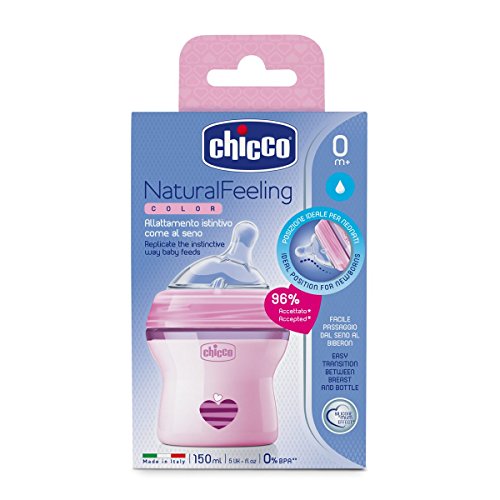 Chicco NaturalFeeling - Biberón con tetina inclinada especial para lactancia mixta, flujo normal, 150 ml, 0 m+, rosa