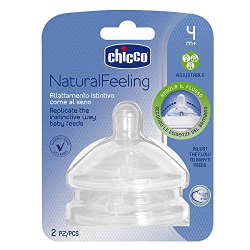 Chicco NaturalFeeling - Tetina inclinada de silicona con flujo regulable para bebé de 4 meses + , 2 unidades