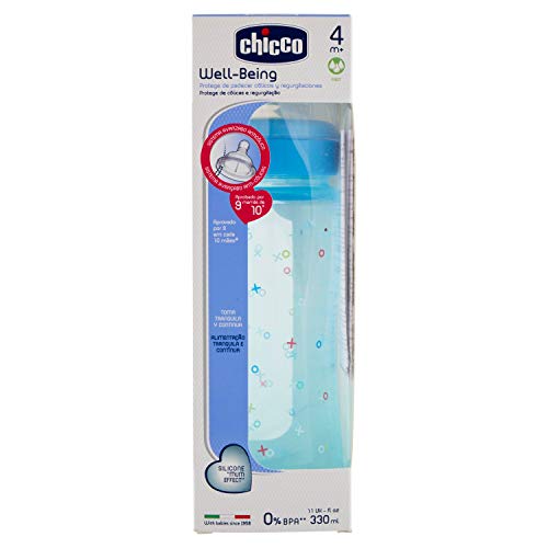 Chicco Wellbeing - Biberón con tetina de silicona y flujo rápido para bebé de 4 meses en adelante, 330 ml, color azul, 1 unidad, modelo surtido