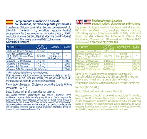 Chitosán + Garcinia 800 mg 60 cápsulas con vitaminas B-1, B-2, B-6 y B-12 (Pack 3 unid.)