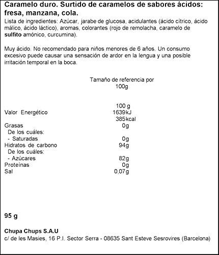 Chupa Chups Infernals Ácidos, Caramelo con Palo de Sabores Variados, Bolsa de 10 unidades de 9,5 gr. (Total 95 gr.)
