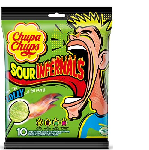 Chupa Chups Infernals Ácidos, Caramelo con Palo de Sabores Variados, Bolsa de 10 unidades de 9,5 gr. (Total 95 gr.)