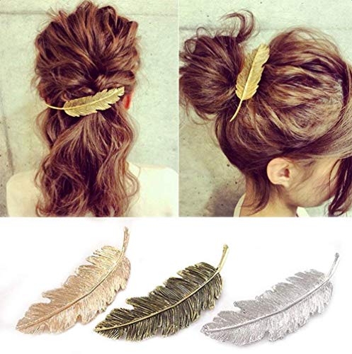 CINEEN 3Pcs Retro Horquilla Pelo Tocado Lado Clip Pin de Aleación De Plumas Hojas Pasador Garra Accesorios Barrettes (Dorado + Plata + Bronce)
