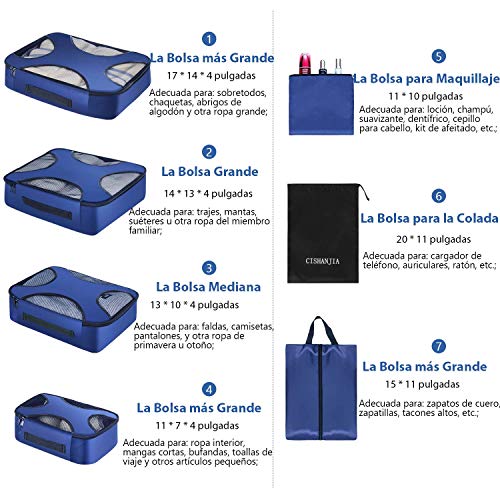 CISHANJIA Organizador de Maletas, Set de 7 Organizador de Equipaje para Maleta con Bolsa para Maquillaje, Bolsa para la Colada y Bolsa para Zapatos (Azul Marino)