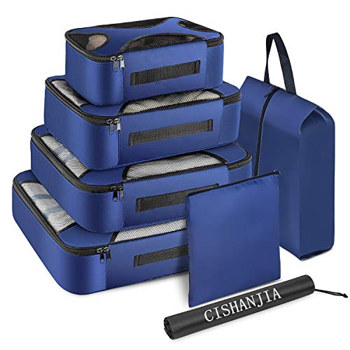 CISHANJIA Organizador de Maletas, Set de 7 Organizador de Equipaje para Maleta con Bolsa para Maquillaje, Bolsa para la Colada y Bolsa para Zapatos (Azul Marino)