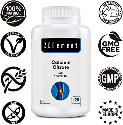 Citrato de Calcio 871mg con Vitamina D3, 120 Cápsulas, para prevenir los bajos niveles de Calcio en la sangre, No GMO, 100% Natural