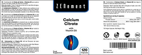 Citrato de Calcio 871mg con Vitamina D3, 120 Cápsulas, para prevenir los bajos niveles de Calcio en la sangre, No GMO, 100% Natural
