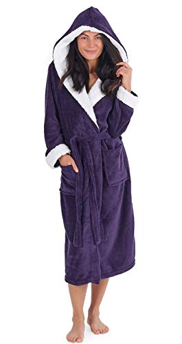 CityComfort Bata de Estar por Casa Mujer Invierno con Capucha, Ropa de Dormir Suave Material de Forro Polar, Batín Tejido Peluche Accesorios Mujer, Regalos para Mama (S, Morado Oscuro)
