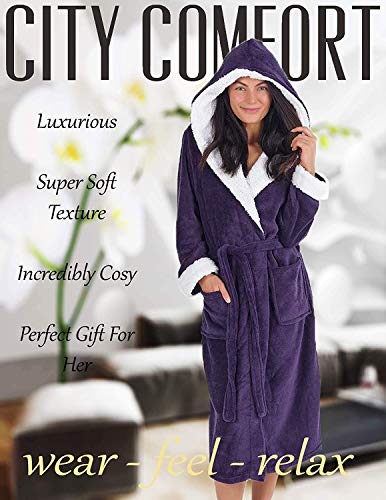 CityComfort Bata de Estar por Casa Mujer Invierno con Capucha, Ropa de Dormir Suave Material de Forro Polar, Batín Tejido Peluche Accesorios Mujer, Regalos para Mama (S, Morado Oscuro)