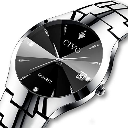 CIVO Relojes para Hombre Acero Inoxidable Impermeable Reloj de Pulsera Fecha Calendario Clásicos Analogicos Reloj de Cuarzo Negocio Casual Simple con Correa de Plata