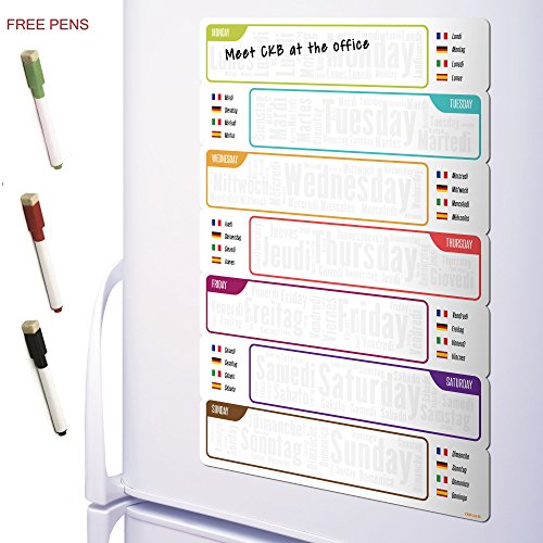 CKB Ltd Varios idiomas Pizarra magnética para nevera de color blanco y bolígrafo imán limpieza en seco memo avisos planificación diaria comida dieta alimentos entrenamiento borrado en seco semanal A3