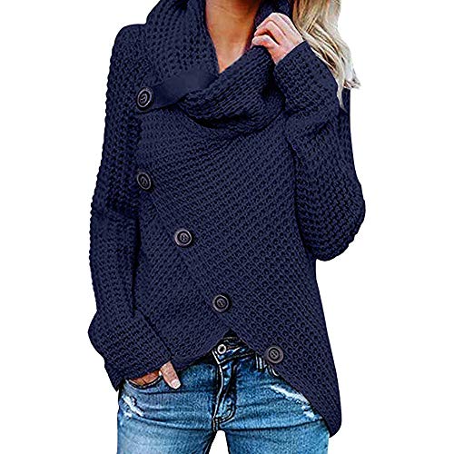 CLOOM Jerseys de Mujer Invierno Moda Talla Grande Suelta Asimétrico Cuello Alto Cardigan Suéter Blusa Botónes Pullover Irregular Abrigo de Punto Casual Manga Larga Camisa
